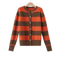 晚白2025年春款时尚简约休闲毛衣开衫条纹撞色含羊毛针织衫女 桔色 M