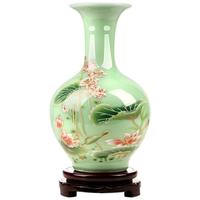 傲世景德镇陶瓷器新中式花瓶工艺品客厅摆件酒柜玄关茶室博古架装饰品 豆青釉清荷赏瓶+底座