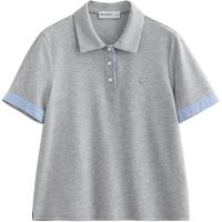 初语 撞色条纹翻袖POLO衫女2025夏季珠地复古休闲小衫上衣 花灰色