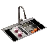 诺米家用厨房大单槽洗菜盆304不锈钢洗碗池加厚防刮米粒压纹手工水槽 【75*45】宽面水槽-抽拉龙头