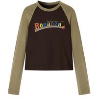 乐町拼色印花上衣长袖T恤插肩撞色紧身T恤C2CPD4120 咖啡色 XL