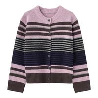 BASIC HOUSE/百家好小香风撞色条纹毛衣外套女2024冬季软糯开衫 粉咖条纹 M