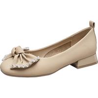 意尔康女鞋粗跟单鞋女2024春夏低跟鞋蝴蝶结舒适软底工作鞋 杏色 37