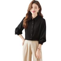 真维斯衬衫女休闲百搭翻领长袖衬衫2025春季优雅通勤纯色衬衣黑色L ED-42-262216黑色