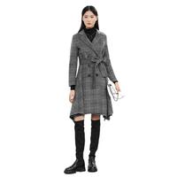S.DEER圣迪奥女装西装领格纹毛呢长款大衣S22482513 德国灰/87 L/170