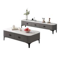 惠寻 京东自有品牌 岩板茶几电视柜组合套装黑架灰柜+雪山白 1.2*0.6米