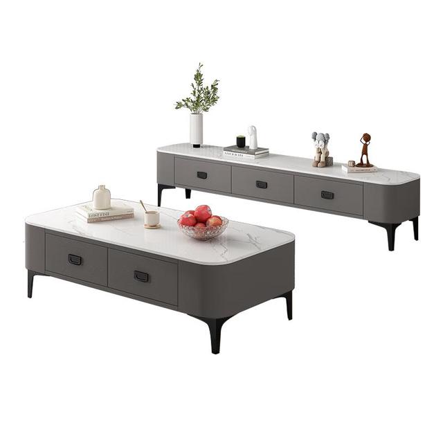 惠寻 岩板茶几电视柜组合套装黑架灰柜+雪山白 1.2*0.6米