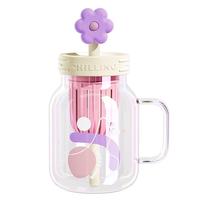 炊大皇玻璃杯女茶水分离吸管杯子耐高温高硼硅水杯800ML(小紫花)