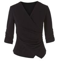 朗姿【三醋酸Basic衣橱】v领短袖上衣衬衣夏通勤时尚衬衫 夜幕黑色 M