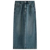 范思蓝恩23FS13262高腰显瘦牛仔半身裙女秋季复古开叉水洗A字裙子 牛仔蓝 S