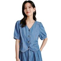 茵曼（INMAN）100%纯棉法式牛仔衬衫2025夏季女装V领泡泡袖显瘦短款上衣 牛仔蓝上衣 XL