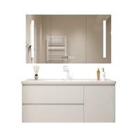 浴美优品实木浴室柜陶瓷一体盆卫生间洗手洗脸盆柜组合洗漱台镜柜奶油风 L16吊柜70cm智能镜柜+陶瓷盆