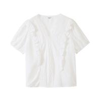 法式欧若风V领短袖衬衫女2025夏季气质提花泡泡袖纯棉衬衣