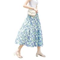 她池小清新半身裙2025夏装女松紧腰中长款飘逸碎花A字裙