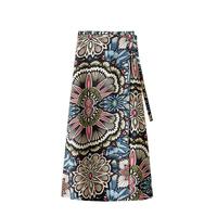 她池优雅一片式半身裙2025春夏女装印花系带高腰中长裙
