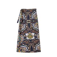 她池优雅一片式半身裙2025春夏女装印花系带高腰中长裙 咖花 L