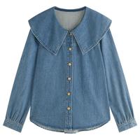 范思蓝恩新复古回潮减龄娃娃领牛仔衬衫2024秋宽松显瘦衬衣女通勤百搭 深牛仔蓝 XS