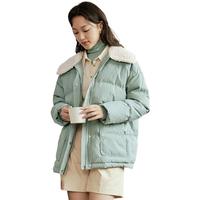 茵曼（INMAN）白鸭绒九江羽绒服2024冬女装羊羔毛轻暖翻领长袖收腰外套 绿格 XL