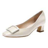 百丽方扣高跟鞋女牛皮气质单鞋B1344CQ3 米白 38