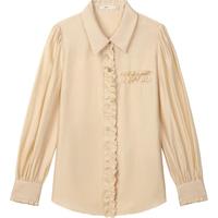 衣香丽影尖领泡泡袖衬衫女时尚木耳边设计优雅上衣 奶油米 XL