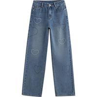 初语爱心烫钻破洞牛仔裤女2025夏季窄版阔腿裤高腰显瘦裤子 牛仔蓝 27