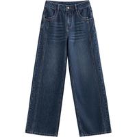 初语解构分割设计感牛仔裤女2025年复古洗水纯棉百搭阔腿裤子 中蓝色 L