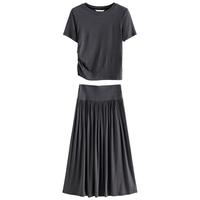 自巧小个子高智感修身显瘦针织t恤百褶裙套装女2024夏装上衣 素灰色短袖 S (3码)