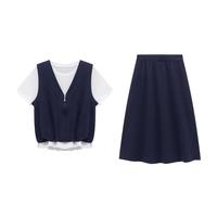 Basic House/百家好夏季休闲套装撞色假两件上衣高腰半身裙两件套 藏青色 L