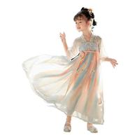 匆蒙女童汉服夏季短袖中国风小女孩公主裙唐装演出服连衣裙 云清 130