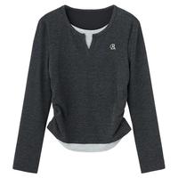 BASIC HOUSE/百家好轻奢v领假两件长袖t恤女2025春季修身显瘦撞色打底衫 深灰色 S