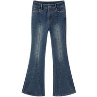 乐町复古洗水牛仔喇叭裤冬季弹力舒适女生时尚牛仔裤 深牛仔蓝 S