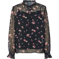 红袖复古碎花雪纺小衫2025春季女装灯笼袖木耳边领气质上衣两件套 黑底粉花634 S