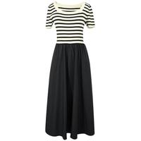 三彩2024夏季条纹拼接连衣裙收腰A字裙显瘦长裙短袖优雅女 黑白条纹 M 160/84A