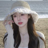 语森忆 蕾丝花朵大草帽海边沙滩女士渔夫帽防晒遮阳系带新款夏季 蕾丝花朵-米白