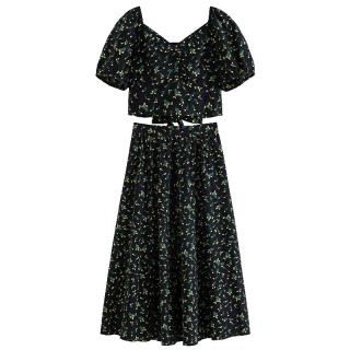 独束 大码女装碎花法式优雅时尚套装女夏装微胖mm修身两件套裙子 上衣 L