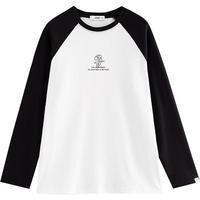 初语插肩袖磨毛T恤女2024秋冬字母小花撞色保暖打底衫 黑-白-字母简笔小花 M