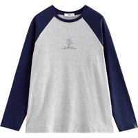 初语插肩袖磨毛T恤女2024秋冬字母小花撞色保暖打底衫 宝蓝-花灰-字母简笔小花 XL