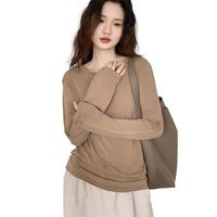 春季撕边设计感减龄打底衫女拼接百搭圆领长袖T恤衫显瘦上衣