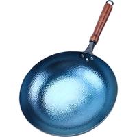 金存章丘炒锅铁锅炒菜锅圆底家用无涂层老式 锤印款木把32cm已开锅 锤印款木把32cm一套 32cm
