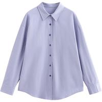 初语条纹翻袖衬衫女时装感上班通勤上衣高级感气质纯棉衬衣 浅紫色 S
