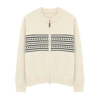 Basic House/百家好圆领拼色提花毛衣女秋冬双拉链设计感开衫外套 白色 S