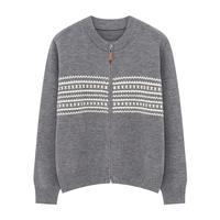 Basic House/百家好圆领拼色提花毛衣女秋冬双拉链设计感开衫外套 灰色 L