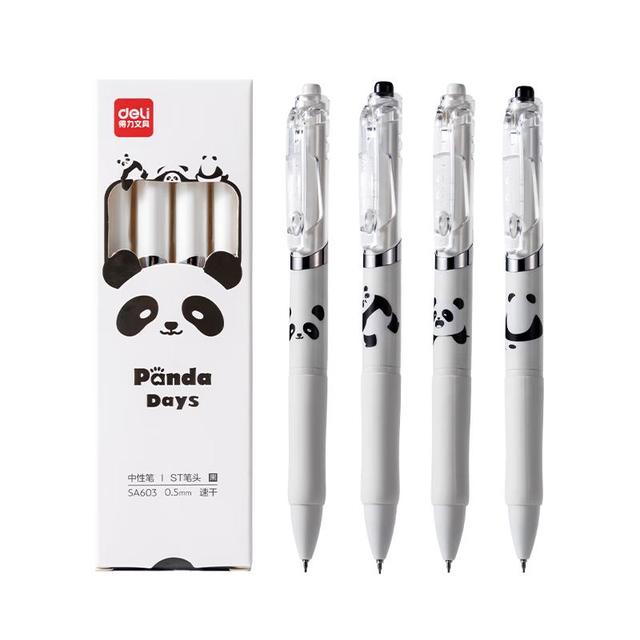 得力 可爱熊猫速干按动中性笔 0.5mmST笔头学生中性笔刷题笔 黑色4支/盒 SA603
