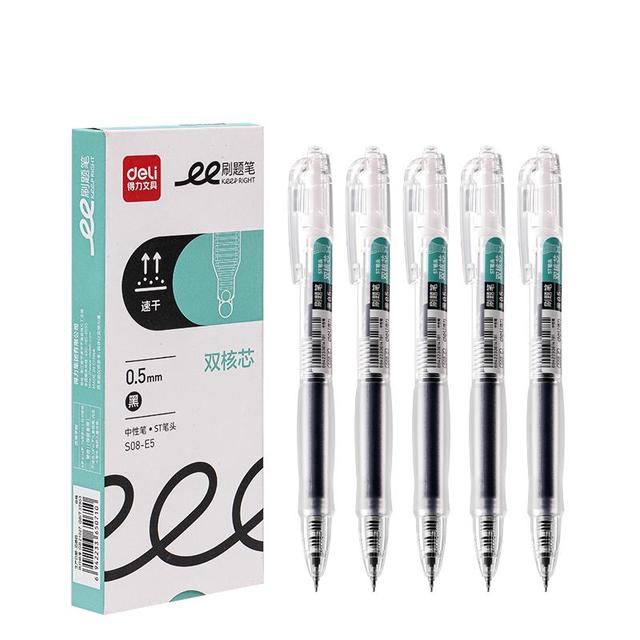 得力 速干按动中性笔 双球珠ST笔头 0.5mm学生中性笔刷题笔考试笔 双核芯黑色5支/盒S08-E5