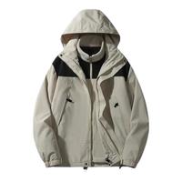 天伦天冲锋衣夹克男女士装秋冬季三合一宽松休闲外套防风防水登山服 卡其色三合一【男女同款】 XL