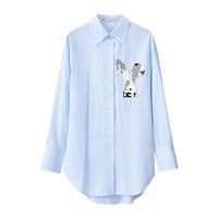 春款休闲减龄天丝棉兔子毛巾绣条纹衬衫女宽松长款衬衣上衣