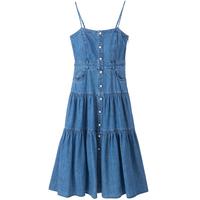 土耳其牛仔 秋季含棉麻牛仔吊带连衣裙女修身垂感长款珍珠