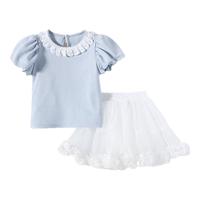 可英 GOWINBABY女童夏日套装甜美2025夏季款女孩可爱圆领夏装女宝时髦洋气两件套 蓝色 90 cm