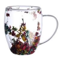 真花双层玻璃杯高颜值果汁杯咖啡杯带把手高硼硅隔热杯子