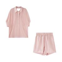 BASIC HOUSE百家好天丝短袖衬衫女设计感夏季短裤两件套套装 粉色 S